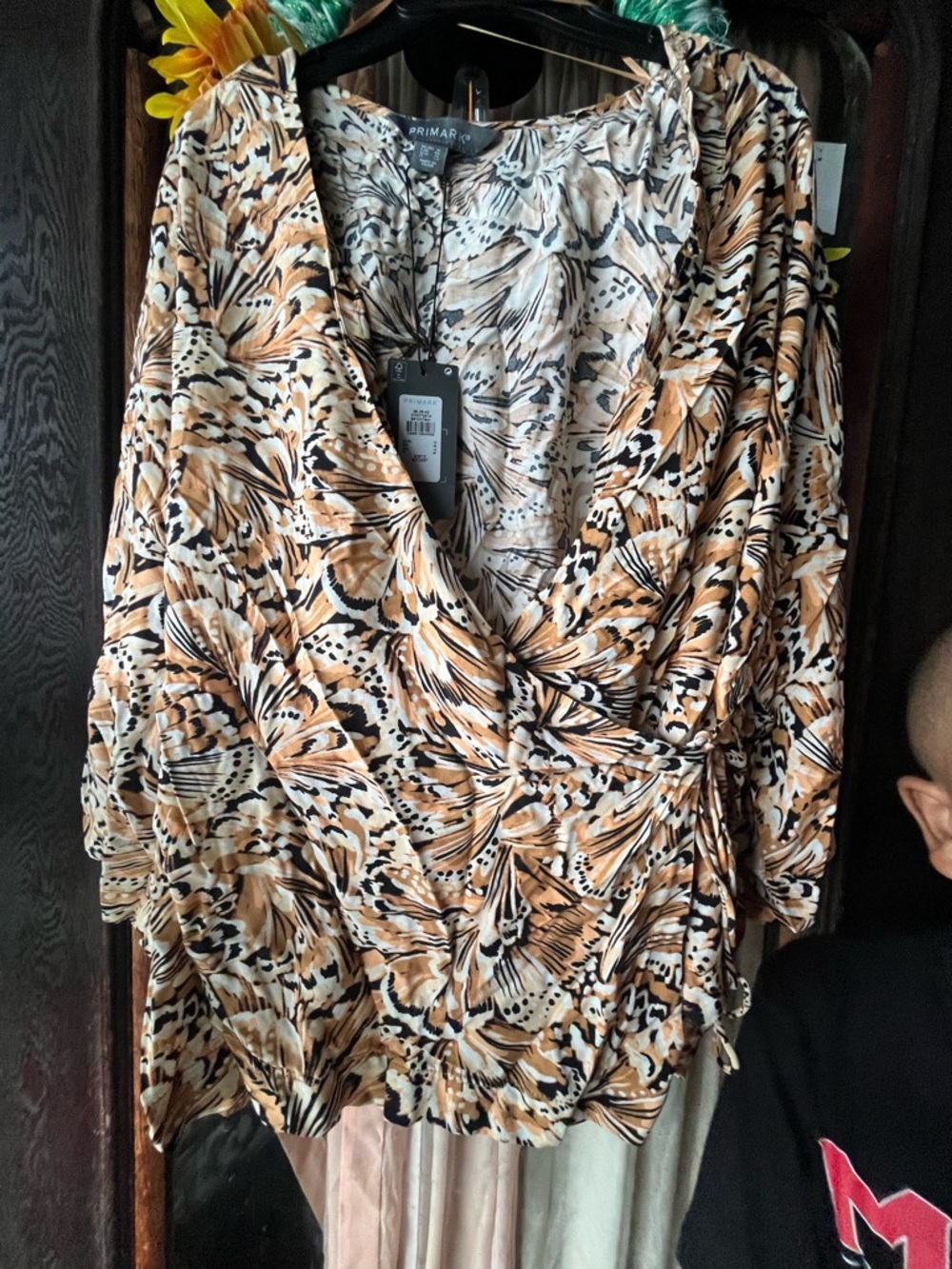 Primark Women's Tan, Black & White Printed Wrap Blouse NWT Plus Size US 14